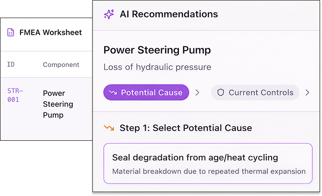 FMEA Worksheet showing AI Recommendations for Power Steering Pump with potential cause selection interface